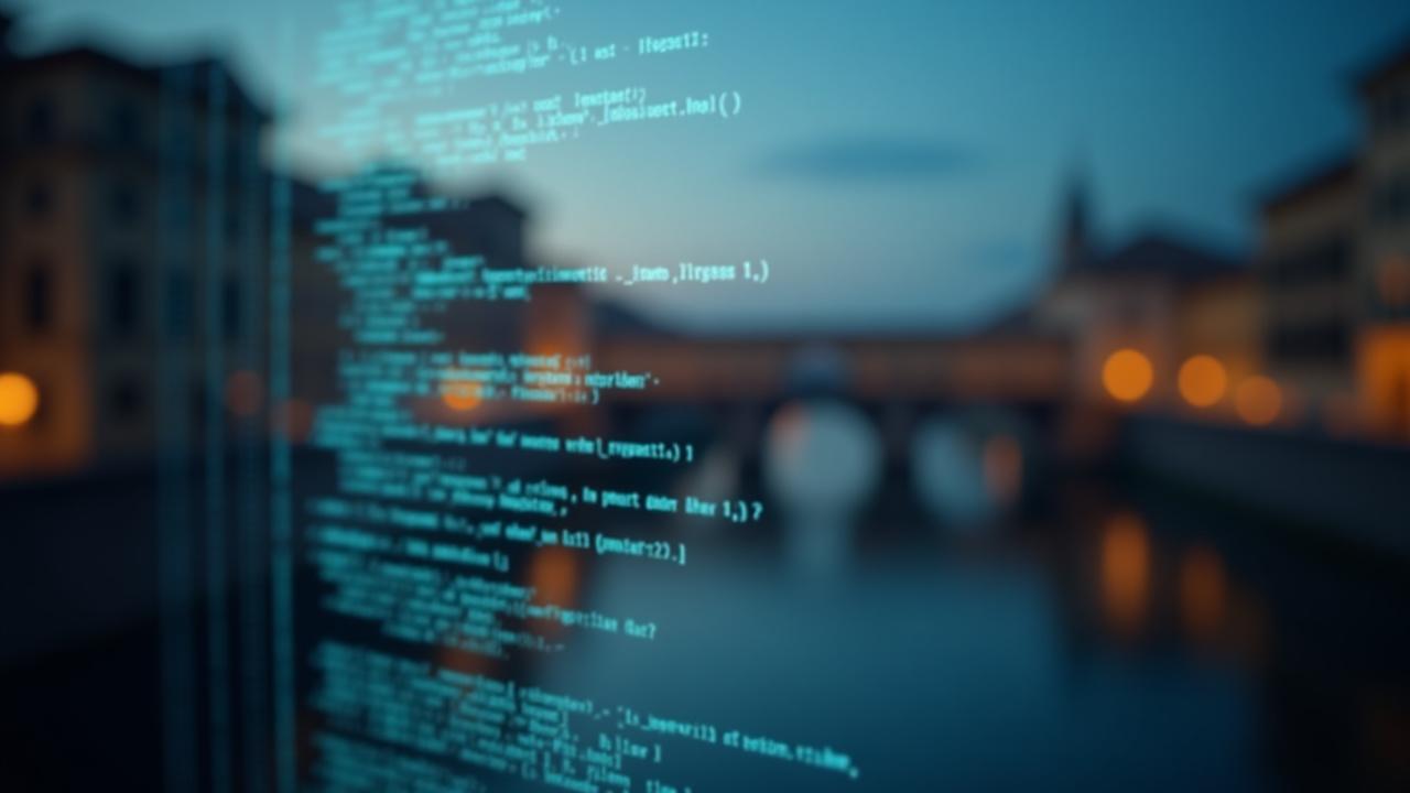 Dettaglio di codice su uno schermo con un riflesso elegante dell'architettura fiorentina, simbolo di innovazione e tradizione.