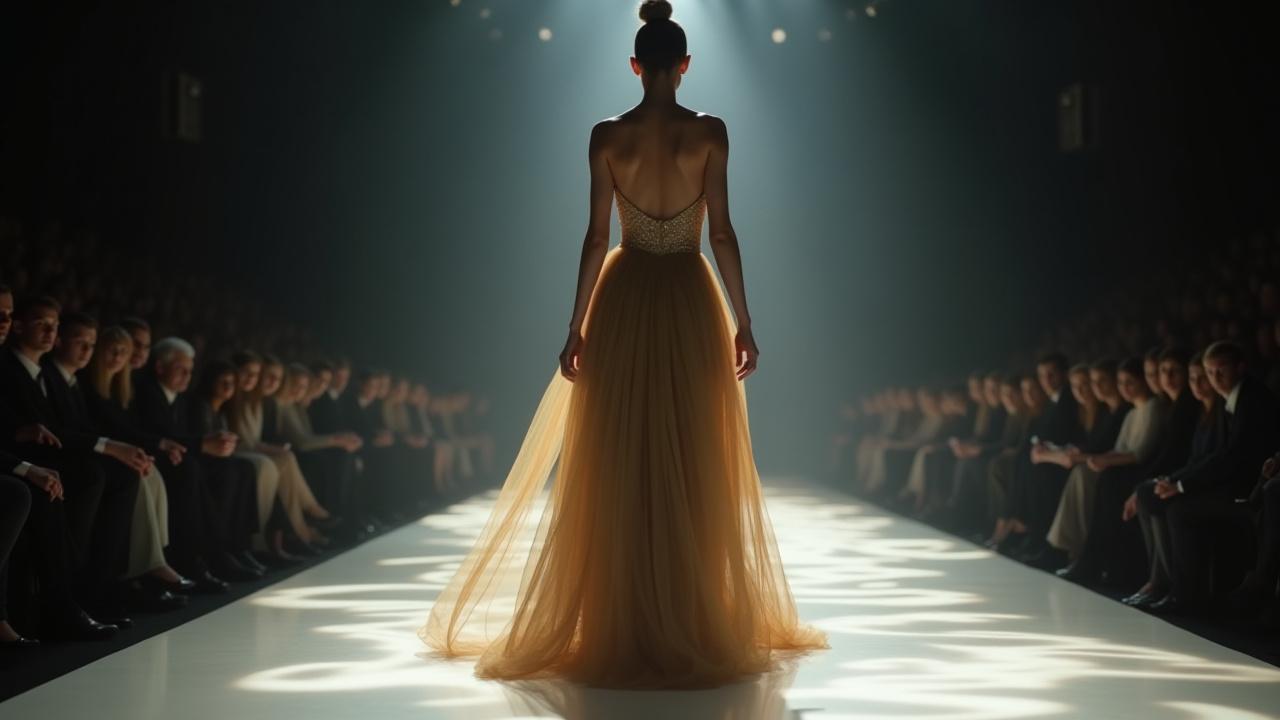 Modella che sfila su passerella digitale di Maison Dubois.