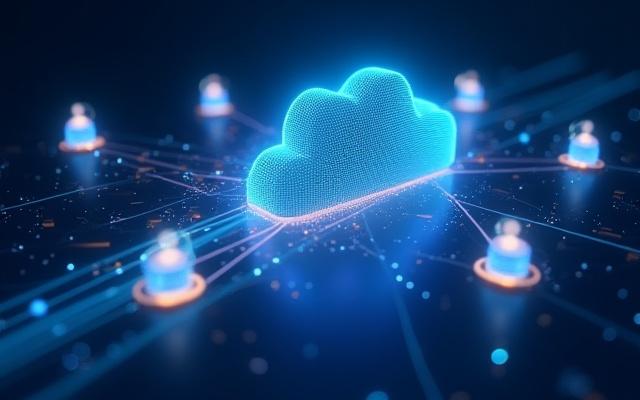 Visualizzazione astratta del flusso di dati ad alta velocità da un server cloud a utenti globali, simboleggiando bassa latenza e alta velocità di caricamento.